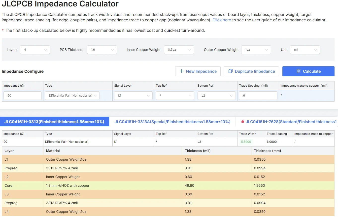 IPC-2141 impedance calculation — USB differential pair